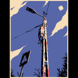 artist_name blue_sky border cloud day dmitry_petyakin highres lamppost no_humans original outdoors pillarboxed pixel_art power_lines road_sign scenery sign sky tree utility_pole