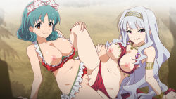 Rule 34 | 2girls, armlet, bikini, bikini bottom aside, bow, bow hairband, bracelet, breasts, breasts out, censored, closed mouth, clothing aside, colomoten, commentary, commentary request, commission, english commentary, female ejaculation, green hair, hairband, hand on another&#039;s leg, harem outfit, idolmaster, idolmaster million live!, idolmaster million live! theater days, jewelry, large breasts, licking lips, looking at viewer, medium hair, mixed-language commentary, mosaic censoring, multiple girls, navel, necklace, nipples, orange eyes, pixiv commission, purple eyes, purple hair, pussy, red bikini, sand, shijou takane, smile, sweat, swimsuit, tokugawa matsuri, tongue, tongue out, tribadism, white bow, yuri