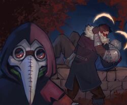 1girl 2boys arm_up armor armored_gloves bandana bandana_over_mouth black_coat black_footwear black_gloves black_pants blue_tabard boots brown_hair coat couple crusader_(darkest_dungeon) darkest_dungeon darkest_dungeon_ii fur-trimmed_coat fur_trim gloves hand_on_another&#039;s_neck helm helmet highwayman_(darkest_dungeon) holding hood hood_up hug knees_up long_coat looking_at_viewer lying multiple_boys on_back pants pauldrons perepecha plague_doctor plague_doctor_(darkest_dungeon) plague_doctor_mask red_bandana red_hood short_hair shoulder_armor stone_wall tabard tree yaoi