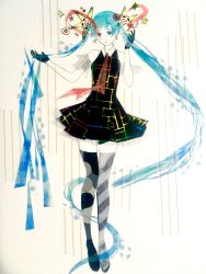 Rule 34 | 1girl, absurdres, adapted costume, aqua hair, asymmetrical legwear, bare arms, bare shoulders, black dress, black shoes, black thighhighs, blue eyes, closed mouth, collared dress, diagonal-striped legwear, dress, earrings, grey thighhighs, hair ornament, hands up, hatsune miku, highres, holding, holding own hair, jewelry, kimagure mercy (vocaloid), long hair, looking down, masking tape (medium), mismatched earrings, mismatched legwear, mixed media, necktie, oikoko koko, photo (medium), red necktie, shoes, sidelocks, sleeveless, sleeveless dress, solo, star (symbol), star earrings, thighhighs, traditional media, unconventional media, very long hair, vocaloid, white background, zettai ryouiki