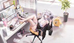 Rule 34 | 1girl, :p, absurdres, ahoge, armpit crease, artist request, azur lane, bare legs, bare shoulders, barefoot, black coat, black skirt, breasts, button gap, buttons, chair, cleavage, closed mouth, coat, collared shirt, computer, covered navel, cup, dress shirt, fang, feet, gradient hair, grey eyes, hands up, high-waist skirt, highres, hip vent, holding, large breasts, legs up, long sleeves, looking at viewer, manjuu (azur lane), miniskirt, mug, multicolored hair, no bra, non-web source, off shoulder, office chair, official alternate costume, official art, open clothes, open coat, pencil skirt, reclining, see-through cleavage, see-through clothes, see-through thighhighs, shirt, sideboob, sideless shirt, single sock removed, single thighhigh, sitting, skindentation, skirt, sleep mask, sleeveless, sleeveless shirt, smile, smug, soles, solo, streaked hair, swivel chair, thick eyebrows, thighhighs, thighs, toes, tongue, tongue out, torn clothes, torn socks, torn thighhighs, two side up, v-shaped eyebrows, white shirt, white thighhighs, z13 (azur lane), z13 (strategic date solution) (azur lane)