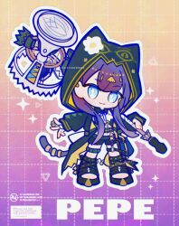 1girl :3 animal_hood ankh arknights black_coat black_shoes black_shorts blue_eyes character_name chibi coat commentary crop_top flower full_body gradient_background gradient_hair grid_background hammer highres holding holding_hammer hood hooded_coat infection_monitor_(arknights) looking_at_viewer multicolored_hair outline pepe_(arknights) purple_background purple_hair shirt shoes shorts smile solo sparkle tuwabuki_shu watermark white_flower white_shirt yellow_background