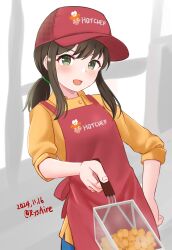 1girl alternate_costume ame-san apron baseball_cap bikini blush brown_hair collared_shirt commentary_request cowboy_shot dated deep_fry_basket employee_uniform fast_food_uniform food fried_food fubuki_(kancolle) green_eyes hair_between_eyes hair_tie hat highres kantai_collection long_hair long_sleeves looking_at_viewer low_ponytail medium_hair open_mouth ponytail print_bikini print_hat red_apron red_hat shirt sidelocks sleeves_rolled_up solo swimsuit twitter_username yellow_shirt