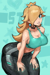 1girl black_choker black_pants blonde_hair blue_eyes blue_nails blue_sports_bra breasts choker cleavage commentary crown earrings english_commentary grin hair_over_one_eye highres jewelry large_breasts long_hair mario_(series) midriff navel nintendo pants rosalina saiykik smile solo sports_bra sweat