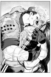 Rule 34 | 2boys, alsonotdon, arm around shoulder, backwards hat, baseball cap, blush, closed eyes, cowboy shot, fingerless gloves, gloves, greyscale, hair down, hat, head back, highres, jacket, jamie siu, kiss, laughing, long hair, luke sullivan, male focus, monochrome, multiple boys, multiple scars, muscular, muscular male, official alternate costume, open mouth, pants, scar, scar across eye, scar on arm, scar on face, short sleeves, street fighter, street fighter 6, veins, veiny arms, very long hair, yaoi