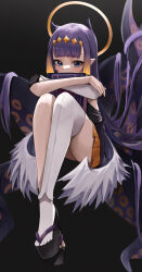 1girl absurdres black_dress black_sandals blue_eyes blunt_bangs book commentary dress gradient_hair highres holding holding_book hololive hololive_english hugging_book hugging_object long_hair looking_at_viewer low_wings multicolored_hair ninomae_ina&#039;nis ninomae_ina&#039;nis_(1st_costume) orange_hair pointy_ears purple_hair sandals sidelocks single_thighhigh solo su901 tentacle_hair thighhighs very_long_hair virtual_youtuber white_thighhighs wings