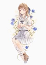 1girl blue_eyes blue_ribbon brown_hair daisy_(flower) empty_eyes female_focus fingers_together flower ginniroya hair_ribbon highres long_hair one_shoe pleated_skirt ribbon rose sailor_collar school_uniform serafuku shirt short_sleeves skirt solo twitter_username white_background white_shirt white_skirt