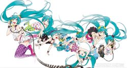 6+girls :d aqua_eyes aqua_hair blush floating_hair full_body hatsune_miku kneeling long_hair mebae multiple_girls open_mouth redial_(vocaloid) simple_background smile tareme very_long_hair vocaloid white_background