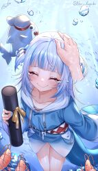 1girl 1other bare_legs bloop_(gawr_gura) blue_hair blunt_bangs blush closed_eyes closed_mouth ebi-chan_(gawr_gura) fins fish_tail gawr_gura gawr_gura_(1st_costume) hair_ornament highres holding hololive hololive_english hood hoodie long_hair long_sleeves looking_at_viewer miko_no_kamiko multicolored_hair shark_girl shark_tail smile streaked_hair tail tears teeth underwater virtual_youtuber white_hood white_hoodie