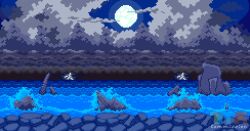 absurdres beach blue_sky cloud cloudy_sky full_moon highres horizon moon night night_sky no_humans ocean original pixel_art rock scenery shore sky storm thunder tomoruka_mr water