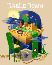 Rule 34 | artist name, bread, brown background, cactus, cloud, cooking, cow, crescent moon, cup, desert, egg (food), english text, flower, food, fried egg, fruit, frying pan, heart, house, isometric, issiki toaki, ladder, moon, no humans, original, plant, plate, potted plant, railroad tracks, sand, sky, smoke, stairs, teapot, tree, watering can