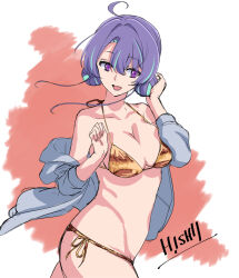 1girl :d artist_name bikini breasts cleavage collarbone commentary_request cowboy_shot double_bun floating_hair gold_bikini hair_bun highres holding holding_own_hair ishii_hisao jacket large_breasts oomine_rinne open_clothes open_jacket open_mouth purple_eyes purple_hair side-tie_bikini_bottom sidelocks signature smile solo swimsuit virtual_youtuber