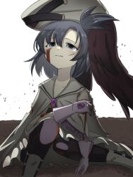 1girl asako_koito blood blood_on_face blue_eyes blue_hair cape gloves haonkpizfz44569 hat highres looking_at_viewer mahou_shoujo_madoka_magica mahou_shoujo_oriko_magica medium_hair sitting solo white_cape white_gloves