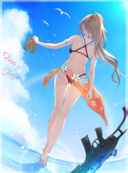 1girl absurdres assault_rifle bikini black_bikini blonde_hair centaureissi_(girls&#039;_frontline_2) commentary_request flip-flops floral_print flower_ornament frilled_bikini frills from_behind from_below full_body g36_(50_days_with_g36)_(girls&#039;_frontline) g36_(girls&#039;_frontline) girls&#039;_frontline girls&#039;_frontline_2:_exilium gun hair_ribbon highres hip_focus hojumari holding holding_sandals legs long_hair outdoors ponytail red_ribbon ribbon rifle sandals solo swimsuit thighs very_long_hair weapon