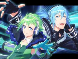 1boy 1girl black_gloves black_jacket blue_eyes blue_hair commentary crossover detached_sleeves english_commentary fingerless_gloves gloves green_gloves green_hair headphones highres hood hooded_jacket idolish7 jacket macross macross_delta mixed-language_commentary mosako open_hand parted_lips ponytail reina_prowler short_hair smile v-shaped_eyebrows yotsuba_tamaki
