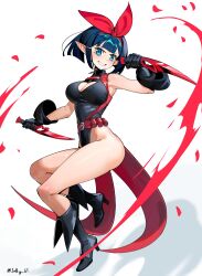 ... 1girl armpits bare_hips bare_legs bare_shoulders black_boots black_leotard blue_eyes blue_hair blunt_bangs blush bob_cut boots bow breasts cape cleavage cleavage_cutout clothing_cutout dagger dark_blue_hair dual_wielding elezen elf final_fantasy final_fantasy_xiv grin hair_bow heattech_leotard high_collar high_heel_boots high_heels highleg highleg_leotard highres holding inverted_bob knee_boots knife large_breasts leotard looking_at_viewer medium_hair original pointy_ears pouch red_cape robin_(violet_sears) simple_background smile solo strap turtleneck violet_sears warrior_of_light_(ff14) weapon wide_hips zipper_pull_tab