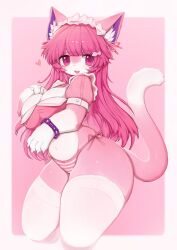 1girl absurdres animal_ears body_fur border breasts cat_ears cat_girl cat_tail chain chain_bracelet claws cleavage commentary fang fish_hair_ornament gradient_background hair_ornament heart highres large_breasts long_hair looking_at_viewer maid_headdress multicolored_fur narrow_waist open_mouth original outside_border panties pink_background pink_eyes pink_fur pink_hair puffy_short_sleeves puffy_sleeves short_sleeves side-tie_panties solo striped_clothes striped_panties symbol-only_commentary tail thick_thighs thighhighs thighs underwear uyu_(soda_uyu) white_border white_fur white_thighhighs