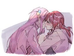 2girls blush bocchi_the_rock! closed_eyes cube_hair_ornament ear_blush gotoh_hitori grey_shirt hair_ornament imminent_kiss jacket kita_ikuyo long_hair long_sleeves multiple_girls one_side_up parted_lips pink_hair pink_jacket red_hair school_uniform shirt shuka_high_school_uniform sweatdrop track_jacket yuri yuuta_(monochrome)
