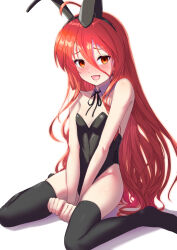 1girl ahoge animal_ear_hairband animal_ears black_ribbon black_thighhighs commentary_request detached_collar embarrassed fake_animal_ears full_body hair_between_eyes hairband highres leotard loli long_hair looking_at_viewer neck_ribbon okina_(805197) playboy_bunny rabbit_ears red_eyes red_hair ribbon shakugan_no_shana shana simple_background sitting smile solo strapless strapless_leotard thighhighs v_arms very_long_hair wariza white_background wrist_cuffs