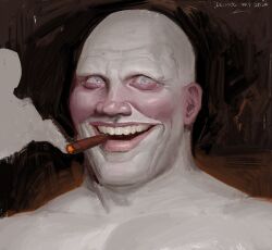 1boy absurdres artist_name bald blood_meridian blue_eyes blush brown_background cigar commentary crazy_smile deimos_art english_commentary highres horror_(theme) judge_holden looking_at_viewer male_focus no_eyebrows pale_skin portrait signature smile smoke smoking teeth upper_teeth_only