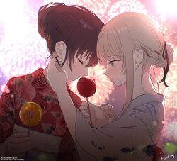 Rule 34 | 2girls, aerial fireworks, black hair, blonde hair, blush, braid, closed eyes, closed mouth, fireworks, grey eyes, hair bun, hair ribbon, hakuchou (towa tsugai), hand in another&#039;s hair, highres, holding candy apple, japanese clothes, karasu (towa tsugai), kimono, multiple girls, night, obi, outdoors, piercing hole, red kimono, ribbon, ribbon braid, sash, towa tsugai, twitter username, white kimono, yasashiimaju, yuri