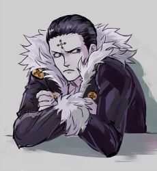 Rule 34 | 1boy, black coat, black eyes, black hair, chrollo lucilfer, coat, commentary request, cross tattoo, crossed arms, forehead tattoo, frown, fur-trimmed coat, fur trim, hair slicked back, hunter x hunter, looking to the side, male focus, pale skin, russian commentary, solo, tattoo, vasiliy-plumber