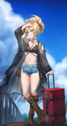 1girl arm_up bikini black_bikini blonde_hair blue_sky blush braid breasts brown_footwear cleavage collarbone commentary_request fate/apocrypha fate_(series) fishnet_top fishnets full_body green_eyes hair_ornament hair_scrunchie half_up_braid highres long_hair long_sleeves looking_to_the_side medium_breasts mordred_(fate) mordred_(fate/apocrypha) navel parted_bangs ponytail rolling_suitcase scrunchie sidelocks sky solo standing stomach suitcase swimsuit thighs tonee
