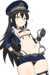 Rule 34 | 1girl, belt, bikini, black belt, black bikini, black gloves, black hair, blue jacket, blue skirt, blush, breasts, commentary request, covered erect nipples, cropped jacket, cuffs, detached collar, from below, frown, girls&#039; frontline, gloves, groin, hair between eyes, hand on own hip, hand up, handcuffs, hat, highleg, highleg bikini, highres, hip focus, holding, holding handcuffs, jacket, judge (girls&#039; frontline), looking at viewer, looking down, micro bikini, microskirt, midriff, navel, o-ring, open clothes, open jacket, police, police hat, police uniform, policewoman, revealing clothes, sangvis ferri, serious, skindentation, skirt, small breasts, solo, stomach, strapless, strapless bikini, swimsuit, thigh strap, thighs, underboob, yellow eyes, zafuri (yzrnegy)