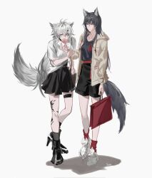 2girls animal_ear_fluff animal_ears ankle_boots arknights bag black_boots black_hair black_shirt black_shorts black_skirt black_socks black_tail boots brown_jacket chewing closed_mouth collarbone eating food full_body grey_eyes grey_hair grey_shirt grey_tail hair_between_eyes hair_ornament hairclip hand_on_another&#039;s_wrist hashtag-only_commentary highres holding holding_bag holding_food hood hood_down hooded_jacket jacket kneehighs lappland_(arknights) long_hair long_sleeves looking_at_another loose_socks material_growth multiple_girls open_clothes open_jacket oripathy_lesion_(arknights) red_socks shirt shoes short_sleeves shorts simple_background skirt sneakers socks standing t-shirt tail tail_raised texas_(arknights) touko_35 white_background white_shoes wolf_ears wolf_girl wolf_tail