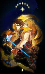 1boy abs absurdres arm_at_side armored_boots armored_gloves artemis_(fate) bara bare_pectorals belt belt_pouch big_nose black_pants blue_background boots bow_(weapon) brown_hair cape club club_(weapon) fate/grand_order fate_(series) fingerless_gloves fui_(fui29493452) full_body fur-trimmed_gloves fur_boots fur_trim gloves glowing highres holding holding_bow_(weapon) holding_club holding_weapon large_pectorals legs_apart light_particles looking_at_viewer male_focus medium_hair muscular muscular_male open_mouth pants pectorals pelt pouch sash sheath sheathed shoulder_sash smile solo sparkle spiked_club star_(symbol) super_orion_(fate) sword teeth thick_eyebrows topless_male veins weapon yellow_cape