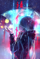 1girl blue_hair blurry blurry_background commentary english_commentary highres jacket long_hair multicolored_hair nail_polish night original pink_nails rain solo standing transparent transparent_umbrella umbrella upper_body watermark web_address wet yuumei