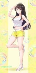 1girl :o absurdres alternate_costume arm_up bare_arms bare_legs black_hair breasts brown_hair bubble camisole cleavage collarbone commentary_request crop_top dolphin_shorts feet full_body green_eyes hand_on_own_hip high_heel_sandals highres hololive legs long_hair long_sidelocks looking_at_viewer medium_breasts midriff navel official_alternate_hair_length official_alternate_hairstyle oozora_subaru open_mouth sandals short_shorts shorts sidelocks solo standing standing_on_one_leg swept_bangs thighs toenails toes twitter_username virtual_youtuber wajuniorbox white_camisole yellow_background yellow_shorts