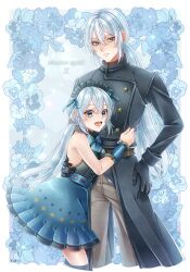 2boys :d absurdres androgynous aqua_dress aqua_eyes black_coat black_dress black_gloves black_trim blue_bow blue_bowtie blue_eyes bow bowtie brothers brown_pants buttons character_request check_character coat commentary_request copyright_name cowboy_shot double-breasted dragon_quest dragon_quest_x dress earrings floating_hair flower frilled_wrist_cuffs frills gloves hand_on_another&#039;s_back hand_on_own_hip height_difference hero&#039;s_sibling_(dq10) hero_(dq10) highres hug jewelry kuro11_222 long_hair looking_to_the_side low_ponytail maid_headdress male_focus multicolored_dress multiple_boys open_mouth orchid pants ponytail purple_trim siblings single_earring sleeveless sleeveless_dress smile white_background white_hair wrist_cuffs