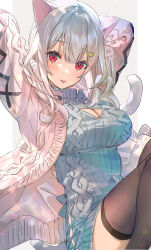 1girl animal_ears black_thighhighs cat_ears cat_girl highres mimoza_(96mimo414) red_eyes solo sweater thighhighs tongue tongue_out white_hair