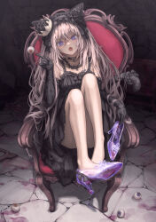 +_+ 1girl :o animal_ears armchair bare_legs bare_shoulders black_dress blood bloody_knife blue_eyes chain chair collarbone commentary_request convenient_leg crack cracked_floor crown cuffs dress eyeball fork frilled_dress frilled_hairband frills full_body guro hair_between_eyes hairband hand_saw high_heels highres holding indoors knees knees_up knife lace_sleeves lace_trim legs light_brown_hair long_hair looking_at_viewer open_mouth original osobachan pear_of_anguish saw shackles shoes sidelocks single_shoe sitting solo tail tears torture_instruments unworn_shoes wooden_horse