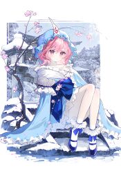1girl absurdres artist_request blue_bow blue_dress blue_hat blue_ribbon blue_shoes blush bow cherry_blossoms chinese_commentary chromatic_aberration closed_mouth dress frilled_dress frilled_socks frills full_body hair_between_eyes hat highres kimono_dress long_sleeves mary_janes medium_hair mob_cap outdoors pink_eyes pink_hair ribbon saigyouji_yuyuko shoes sitting socks solo touhou triangular_headpiece veil wavy_hair white_socks wide_sleeves window winter yinghua_yuexiang