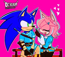 1boy 1girl absurdres alternate_hairstyle amy_rose artist_name belt black_pants blue_fur blue_shirt blue_tunic blush braid brown_gloves brown_pants closed_eyes collared_shirt cosplay couple crown_braid daeream eyelashes fingerless_gloves furry furry_female furry_male furry_with_furry gloves green_eyes hair_ornament hairclip heart hedgehog_boy hedgehog_girl highres link link_(cosplay) long_sleeves nintendo pants pink_background pink_fur princess_zelda princess_zelda_(cosplay) shirt short_sleeves sidelocks simple_background smile sonic_(series) sonic_the_hedgehog sweat tail the_legend_of_zelda the_legend_of_zelda:_breath_of_the_wild tongue tongue_out tunic white_shirt