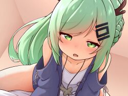 1girl absurdres an_shan_(azur_lane) an_shan_(setting_sun_hearts_as_one)_(azur_lane) azur_lane bare_shoulders blue_jacket blush braid brown_horns clothing_cutout collarbone commentary_request dragon_horns flat_chest furrowed_brow green_eyes green_hair half-closed_eyes half_up_braid highres horns jacket jewelry leaning_forward long_hair long_sleeves looking_at_viewer necklace official_alternate_costume open_clothes open_jacket open_mouth ponytail shirt shoboimu shoulder_cutout solo swept_bangs variant_set white_shirt