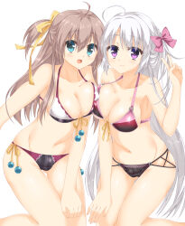 2girls :d ahoge alternate_costume alternate_hairstyle aqua_eyes ayachi_nene bare_shoulders bikini black_bikini blush bobbles bow breast_press breasts brown_hair cameltoe cleavage closed_mouth collarbone colored_eyelashes commentary_request covered_erect_nipples eyes_visible_through_hair feet_out_of_frame front-tie_bikini_top front-tie_top fuyukichi_(nikoniko1567) gluteal_fold grey_hair groin hair_between_eyes hair_bow hair_ribbon halterneck hand_on_own_thigh hand_up happy highres kneeling large_breasts long_hair looking_at_viewer multi-strapped_bikini_bottom multicolored_bikini multiple_girls navel one_side_up open_mouth pink_bow purple_eyes ribbon sanoba_witch shiiba_tsumugi side-by-side sidelocks simple_background skindentation smile stomach straight_hair swimsuit symmetrical_docking thigh_gap thighs two-tone_bikini v variant_set very_long_hair white_background white_bikini yellow_bow yellow_ribbon