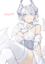 1girl absurdres bare_shoulders breasts character_name cleavage cowboy_shot crossed_legs demon_girl demon_horns demon_wings dress drill_hair duel_monster earrings grey_eyes grey_hair highres horns jewelry large_breasts lovely_labrynth_of_the_silver_castle meshida_(lux-far-accelerator) pointy_ears simple_background sitting solo strapless strapless_dress thighhighs twin_drills white_background white_dress white_thighhighs white_wings wings yu-gi-oh!