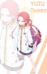 Rule 34 | &gt;:(, 1girl, absurdres, ahoge, arm at side, bare legs, blue archive, blue eyes, bow, braid, character name, chinese commentary, clenched hand, closed mouth, coat, commentary, electricity, forehead, full body, hair behind ear, hair bow, halo, highres, hood, hood down, hooded coat, long hair, long sidelocks, long sleeves, looking at viewer, millennium science school logo, multicolored coat, one side up, orange background, orange hair, pocket, power symbol, sandals, sidelocks, single braid, slides, solo, standing, t-hou, two-tone background, v-shaped eyebrows, white background, white bow, white coat, white sandals, yellow coat, yellow halo, yuzu (blue archive), zoom layer
