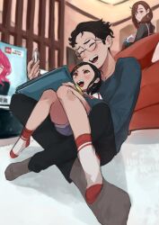 1boy 2girls aged_up ayase_momo black_hair black_pants blue_shirt brown_eyes brown_hair dandadan father_and_daughter flat_screen_tv glasses hair_ornament hairclip highres husband_and_wife if_they_mated indoors long_sleeves multiple_girls oc_x_canon pants round_eyewear shirt socks takakura_ken_(dandadan) television toniai white_socks