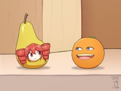 1girl :d annoying_orange annoying_orange_(series) artist_logo artist_name closed_mouth commentary crossover dated digiral drill_hair english_commentary food frown fruit grey_eyes kasane_teto logo looking_at_another open_mouth orange_(fruit) pear pearto red_eyes red_hair smile solo teeth twin_drills twitter_username upper_teeth_only utau watermark