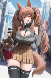 1girl :d absurdres alternate_costume angelina_(arknights) animal_ear_fluff animal_ears arknights bag bare_shoulders black_ribbon black_thighhighs blue_sky blurry blurry_background blush breasts brown_hair brown_skirt building casual city cleavage cleavage_cutout clothing_cutout cowboy_shot cup day disposable_cup drizz fox_ears fox_girl fox_tail hair_ribbon handbag heart-shaped_bag high-waist_skirt highres holding holding_cup jewelry large_breasts long_hair long_sleeves looking_at_viewer material_growth necklace open_mouth oripathy_lesion_(arknights) outdoors plaid_clothes plaid_skirt pleated_skirt red_eyes ribbon road sidelocks skindentation skirt sky sleeves_past_wrists smile solo street tail thighhighs twintails unmoving_pattern zettai_ryouiki