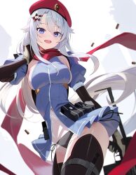 1girl 9a-91_(girls&#039;_frontline) absurdres beret black_gloves black_panties black_pouch black_thighhighs blue_eyes breasts bullet commentary dress elbow_gloves girls&#039;_frontline gloves gun hair_ornament hat highres holding holding_weapon knife large_breasts long_hair low_twintails magazine_(weapon) melreon navel open_mouth panties puffy_short_sleeves puffy_sleeves red_hat red_scarf rifle scarf see-through_clothes see-through_dress short_sleeves showgirl_skirt sideboob smile solo teeth thighhighs twintails underwear upper_teeth_only weapon white_background white_hair