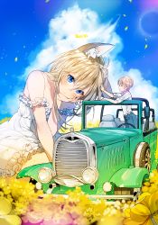 1boy 1girl animal_ears artist_name bare_shoulders blonde_hair blue_eyes blue_sky blush car closed_eyes cloud day dress field flower flower_field giant giantess hand_on_another&#039;s_head head_rest headpat long_hair looking_at_viewer motor_vehicle original seiza short_hair sitting size_difference sky smile sukja vehicle_focus white_dress
