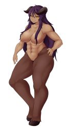 1girl abs areola_slip breasts cleft_of_venus curved_horns dark-skinned_female dark_skin demon demon_girl demon_horns doom_(series) female_focus full_body hair_censor hair_over_breasts hand_on_own_hip hdoom hell_knight highres hooves horns large_breasts lips long_hair looking_at_viewer meganemausu monster monster_girl muscular muscular_female nude parted_lips personification purple_hair pussy segmented_horns small_areolae small_nipples smirk solo standing thick_thighs thighs topless_female tsurime uncensored very_long_hair white_background yellow_eyes