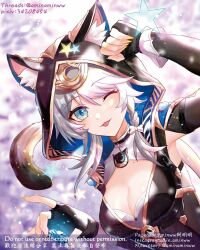 Rule 34 | 1girl, ;p, aminww amingming, animal ear fluff, animal ears, animal hood, black gloves, black hood, blue eyes, breasts, cat ears, cat girl, cat hood, cat tail, cipher (honkai: star rail), cleavage, commentary request, fingerless gloves, gloves, grey hair, honkai: star rail, honkai (series), hood, large breasts, one eye closed, pixiv id, short hair with long locks, solo, tail, tongue, tongue out, upper body, yellow nails