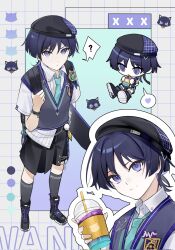 1boy ? alternate_costume animal_print animalization aqua_gemstone aqua_necktie backpack bag beret black_bag black_cat black_hair black_hat black_shoes black_shorts blunt_ends cat cat_print chibi closed_mouth collared_shirt contemporary cross-laced_shoes cup disposable_cup drinking drinking_straw emblem eyeliner eyeshadow feathers gem genshin_impact gold grey_socks grey_sweater_vest hat heart highres holding holding_cup makeup multiple_views necktie o-ring outline paint_splatter person_and_animalization pom_pom_(clothes) purple_eyes red_eyeliner red_eyeshadow safety_pin scaramouche_(cat)_(genshin_impact) scaramouche_(genshin_impact) school_uniform shirt shoes short_sleeves shorts sneakers socks spoken_heart spoken_question_mark standing string sweater_vest touxin_0316 v-shaped_eyebrows vision_(genshin_impact) wanderer_(genshin_impact) wanderer_(mega_mgc_coffee)_(genshin_impact) white_outline white_shirt white_sleeves wispy_bangs wrist_cuffs yellow_feathers