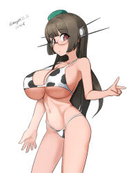 1girl absurdres animal_print beret bikini black_hair breasts choukai_(kancolle) choukai_kai_ni_(kancolle) cow_print cow_print_bikini dated green_hat hat headgear highres kantai_collection large_breasts long_hair maru_(marg0613) mini_hat one-hour_drawing_challenge print_bikini red_eyes rimless_eyewear simple_background solo swimsuit twitter_username v white_background white_bikini